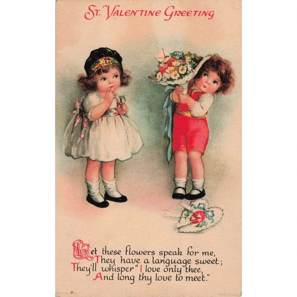 Valentine Postcard 1931 Wolf & Co Children Flowers Divided Back Antique
